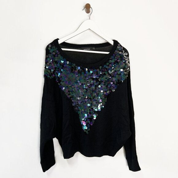 CLEARANCE - MINKPINK Glam Rock Sequin Paillette Oversized Black Knit Sweater - Picture 2 of 7